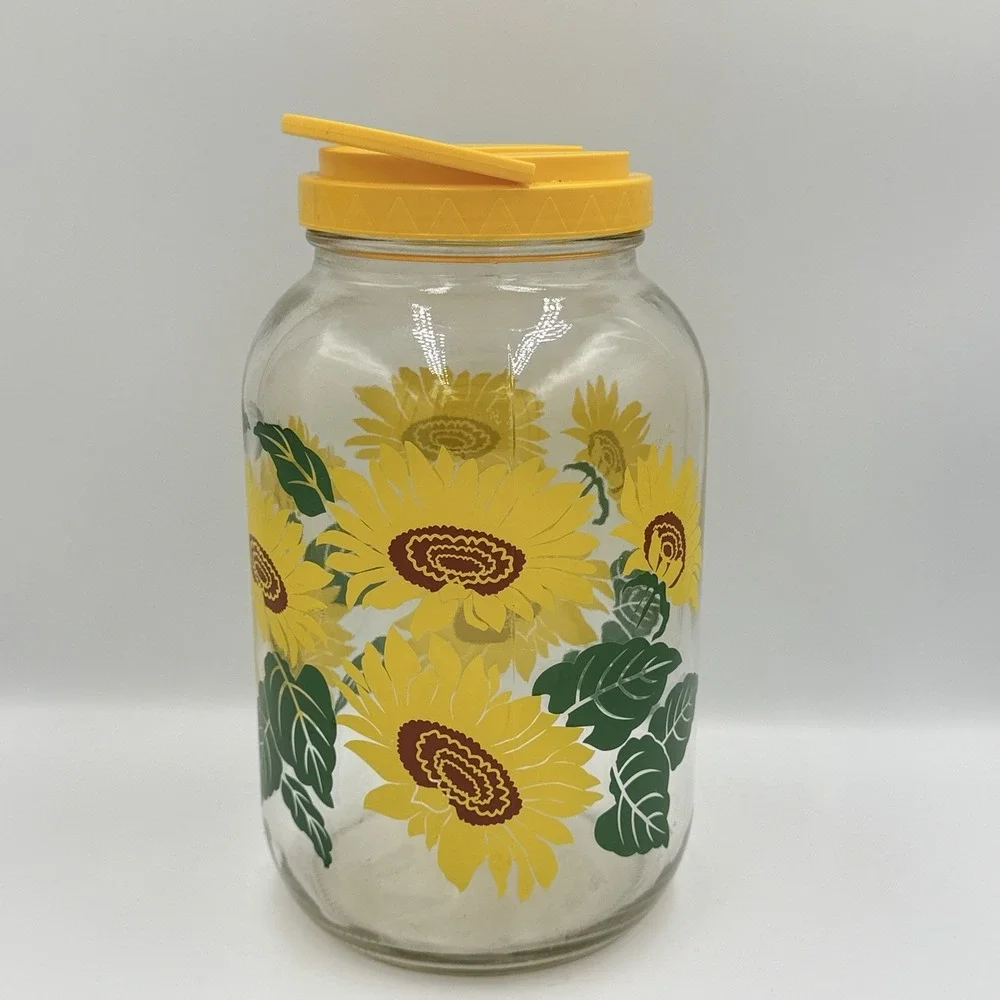 Vintage Sunflower Glass Canister Yellow Pour Spout Lid Floral Kitchen Storage